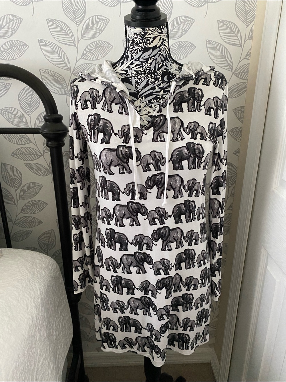 Mott50 Gray and White elephant pattern UPF 50+ hooded beach coverup
